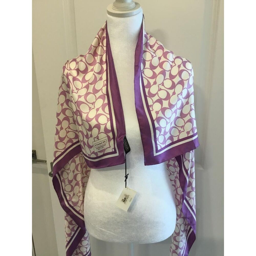 Coach Silk Scarf in Purple and Cream Signature Logo NWT